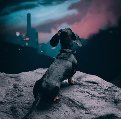 Dachshund on the rock, looking at the midnight city