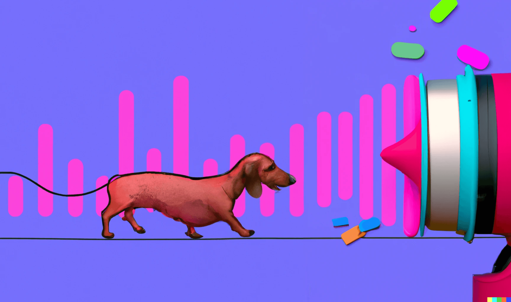 Dachshund walking towards a big fan with a pink chart on the background