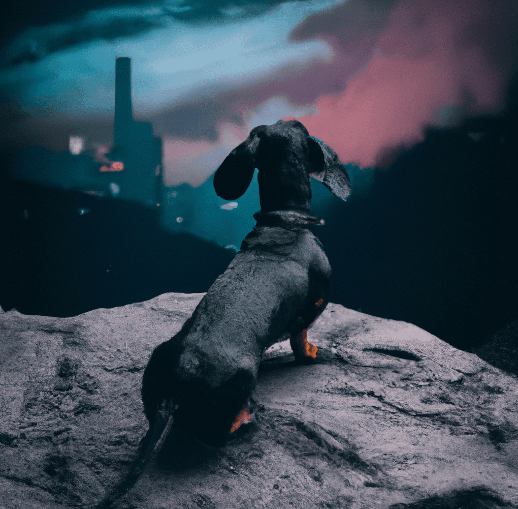 Dachshund on the rock, looking at the midnight city