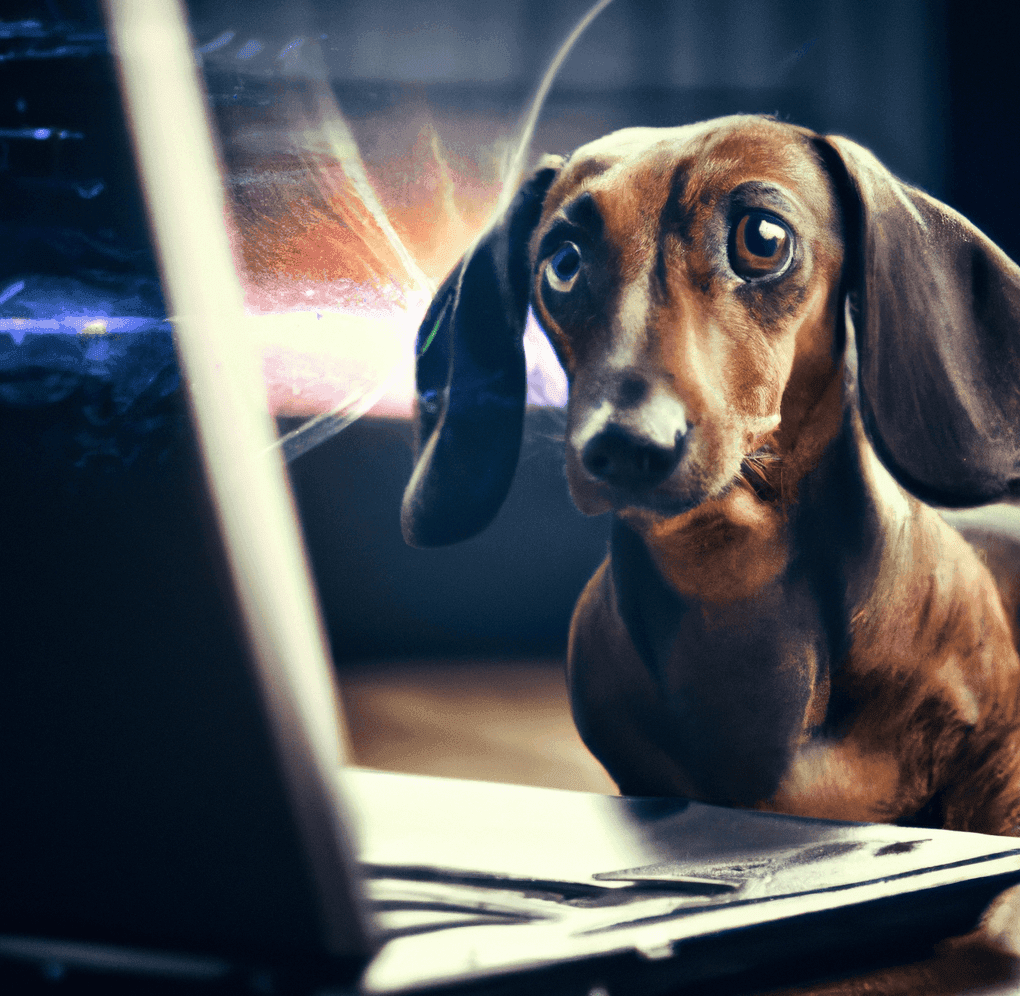 Dachshund confused, looking at the laptop