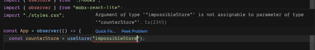 TypeScript warning on wring store name passed to the hook
